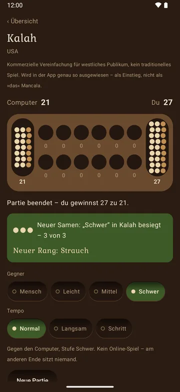 „Partie beendet – du gewinnst 27 zu 21.“ Grünes Band: „Neuer Samen: ‚Schwer‘ in Kalah besiegt – 3 von 3. Neuer Rang: Strauch“.