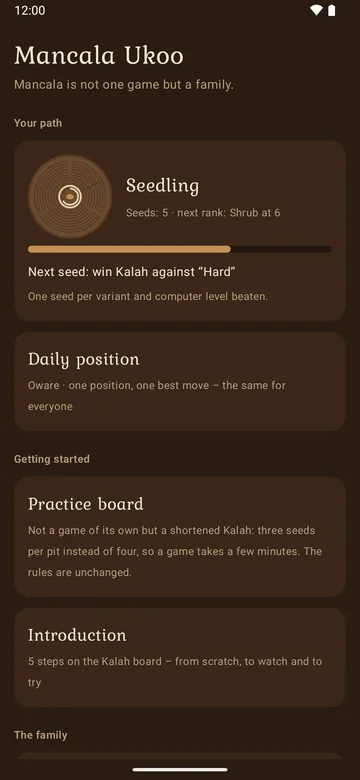 Overview: “Your path” at the top with a wooden disc and a rank, below it the daily position, practice board and introduction.