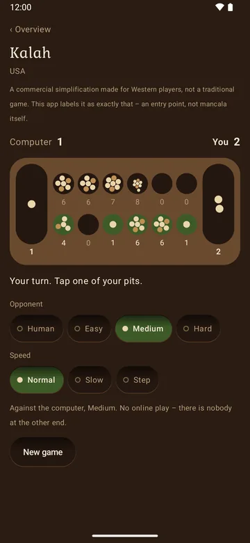 A game of Kalah against the computer: wooden board with seeds, green pits mark the possible moves, opponent and speed settings below.