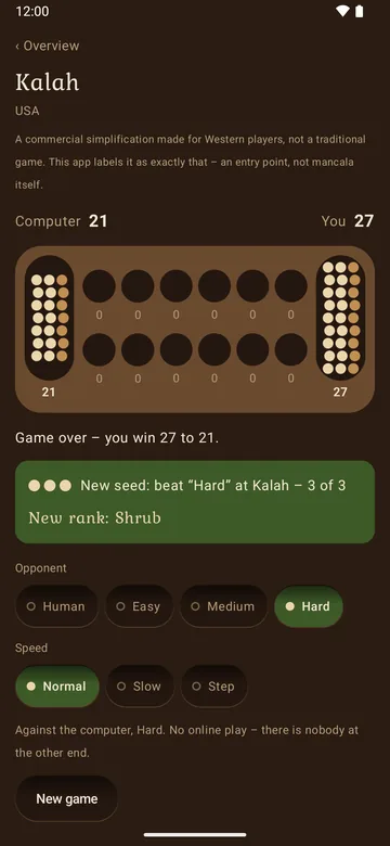 End of a won game with a green banner announcing a new seed and a new rank.