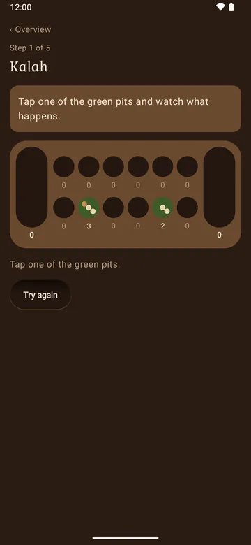 Introduction, step 1 of 5, on the Kalah board: tap one of the green pits and watch what happens.